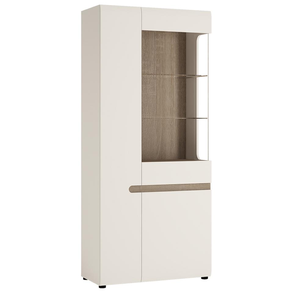 Chelsea Living Tall Glazed Wide Display unit (LHD) in white with an Truffle Oak Trim