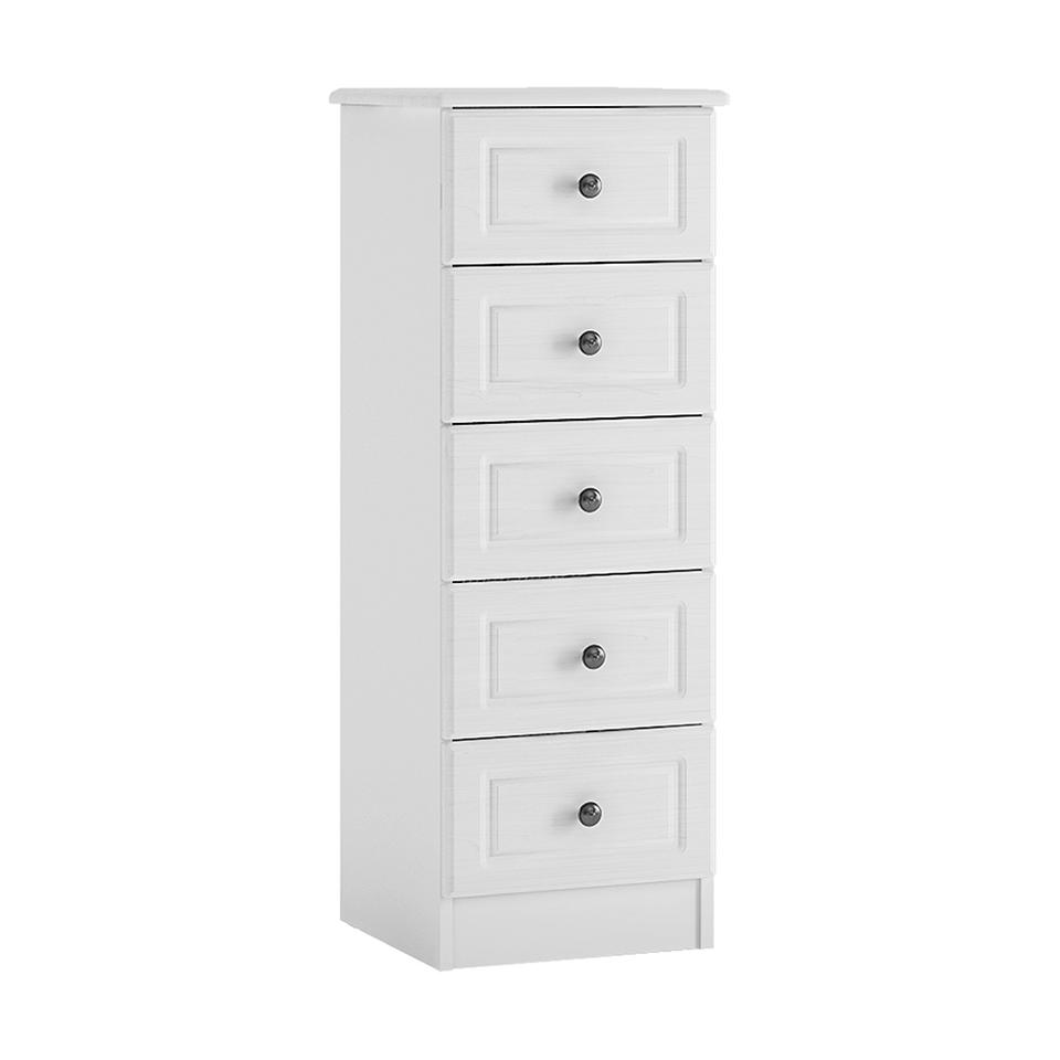 Hampshire 5 drawer narrow chest in white textured MDF and white melamine.